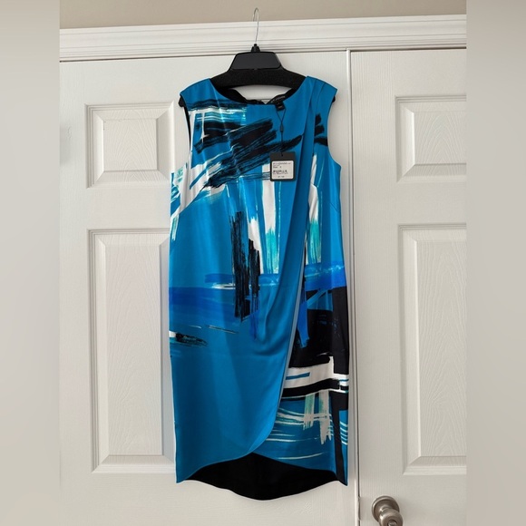 St. John Brushstroke Stretch Silk Charmeuse Draped Dress Cyan Multi 6 Bateau - Picture 2 of 4
